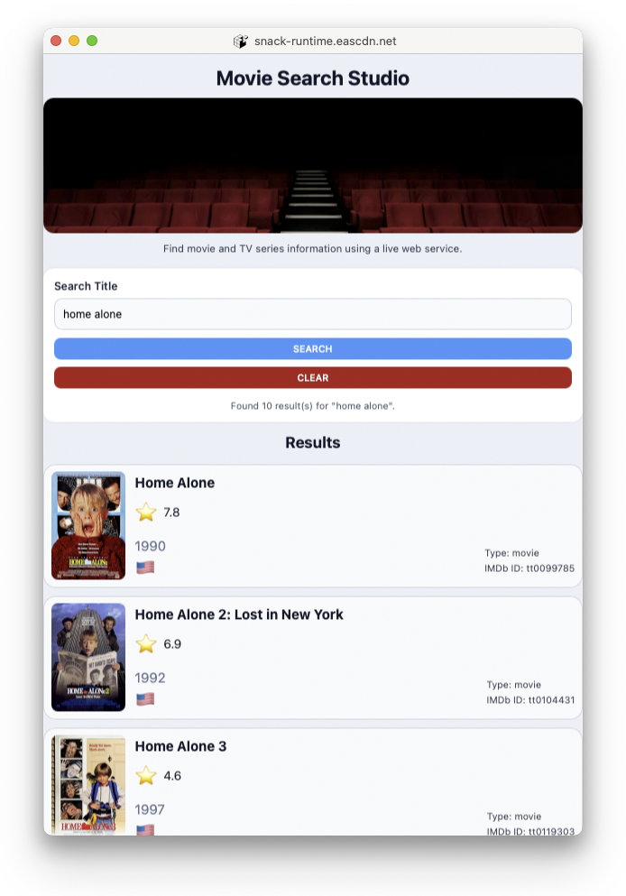 Generated HTML page displaying movie search results in MoviWeb application