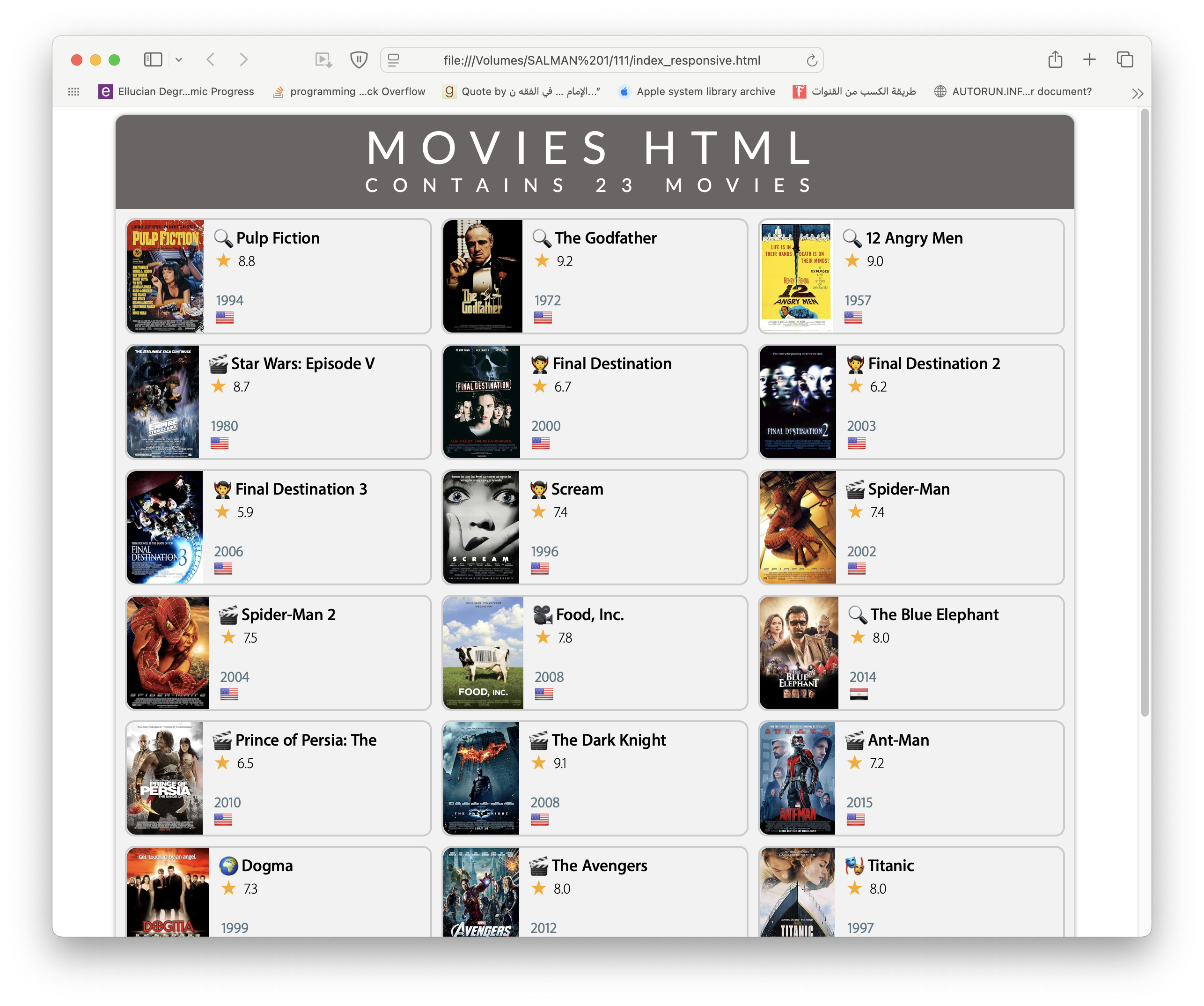 Generated HTML page displaying movie search results in MoviWeb application